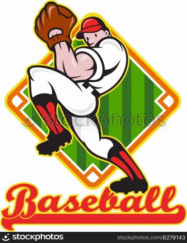 "Cartoon illustration of a baseball player pitcher pitching ball facing front with diamond field in background with text wording "baseball"&#xA;"