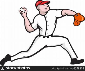 Cartoon illustration of a baseball player pitcher pitching ball facing side on isolated white background.&#xA;