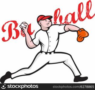 Cartoon illustration of a baseball player pitcher pitching ball throwing ball on isolated white background with words baseball.&#xA;