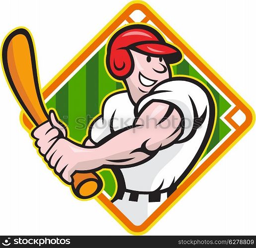 Cartoon illustration of a baseball player with bat batting facing front on isolated white background with diamond baseball field.&#xA;