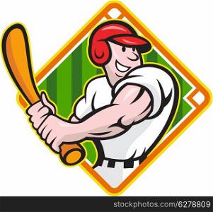 Cartoon illustration of a baseball player with bat batting facing front on isolated white background with diamond baseball field.&#xA;