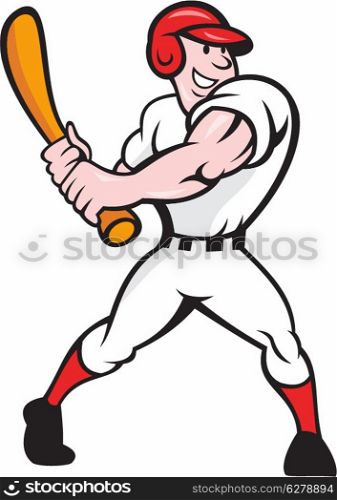 Cartoon illustration of a baseball player with bat batting facing front on isolated white background.