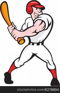 Cartoon illustration of a baseball player with bat batting facing front on isolated white background.
