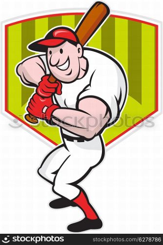 Cartoon illustration of a baseball player with bat batting facing front with diamond in background.&#xA;
