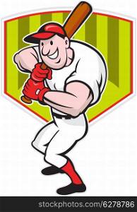 Cartoon illustration of a baseball player with bat batting facing front with diamond in background.&#xA;