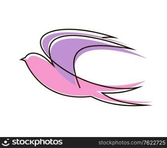 Cartoon illustration of a beautiful graceful flying swallow with outspread wings and tail in pink and a soft lilac or purple, side view on white