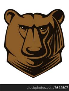 Cartoon illustration of a big brown bear head with glistening eyes staring directly at the viewer, vector on white