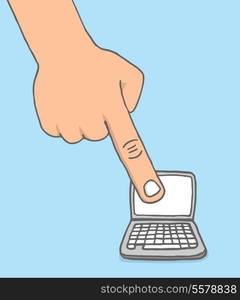 Cartoon illustration of a big finger pointing at a tiny computer