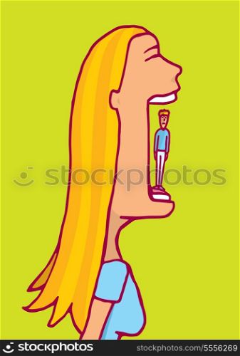 Cartoon illustration of a blonde woman about to eat a tiny man