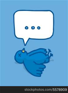 Cartoon illustration of a blue bird lying in the ground with a blank speech bubble
