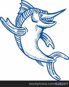 cartoon illustration of a blue marlin waving hello. blue marlin waving hello