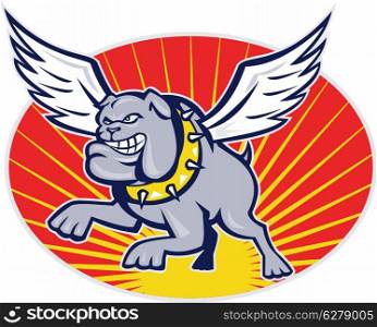 cartoon illustration of a bulldog with wings flying set inside oval with sunburst on isolated background. bulldog mongrel dog with wings flying