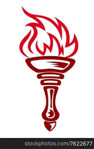 cartoon illustration of a burning torch with red flames in a metal holder styled on the ancient Greek torches used in the Olympic games