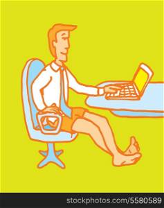 Cartoon illustration of a businessman working in front of the computer in his underwear