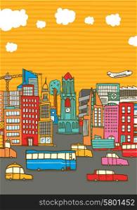 Cartoon illustration of a busy colorful city with cars buildings and copyspace
