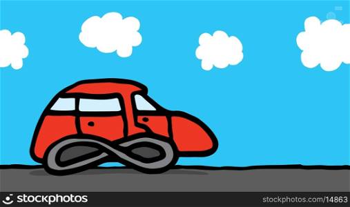Cartoon illustration of a car with infinite wheels