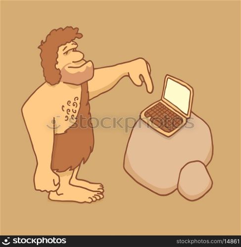 Cartoon illustration of a caveman touching a laptop keyboard
