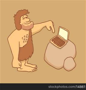 Cartoon illustration of a caveman touching a laptop keyboard