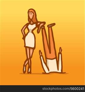 Cartoon illustration of a couple with powerful woman standing proud by her head over heels man