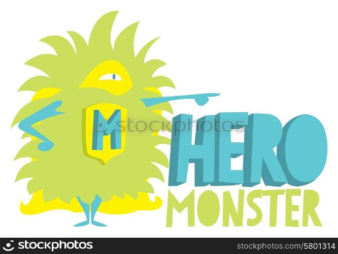Cartoon illustration of a cute childish monster super hero standing with cape