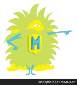 Cartoon illustration of a cute childish monster super hero standing with cape