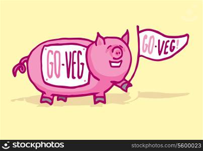 Cartoon illustration of a cute pig holding vegan flag and sign