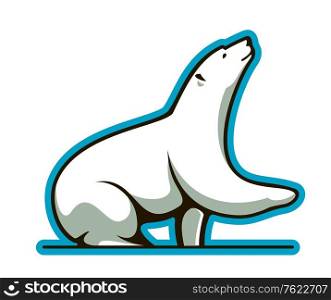 Cartoon illustration of a cute white polar bear in profile with its paw raised surrounded in cool winter blue
