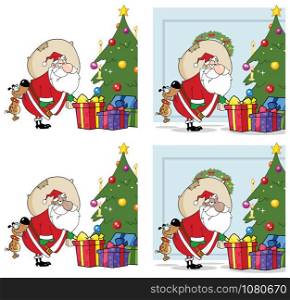 Cartoon Illustration Of A Dog Biting Santas Butt By A Christmas Tree. Vector Collection Set
