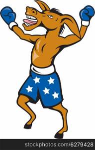 Cartoon illustration of a donkey jackass boxer with boxing gloves and stars shorts as democrat mascot celebrating victory championship.&#xA;