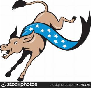 Cartoon illustration of a donkey jackass jumping leaping with stars banner ribbon as democrat mascot on isolated white background.&#xA;