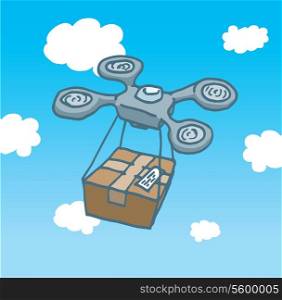 Cartoon illustration of a drone copter flying and delivering a post office box