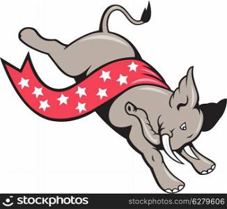 Cartoon illustration of a elephant jumping leaping with stars banner ribbon as republican mascot on isolated white background.&#xA;