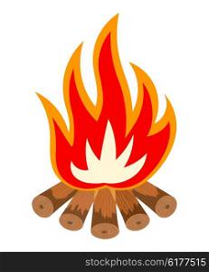 Cartoon illustration of a fire is not white. Bonfire isolate. Tourist fire symbol. Tourist camping sign. Color flame fire wood logs. The concept of natural fossil fuels. Tourist bonfire. Stock Vector