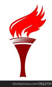 Cartoon illustration of a flaming torch based on the torches of ancient Greece and Rome in a simple sconce in shades of red and maroon on white