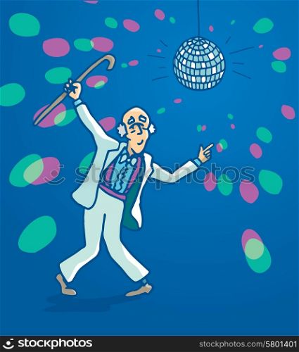 Cartoon illustration of a funny active senior man disco dancing