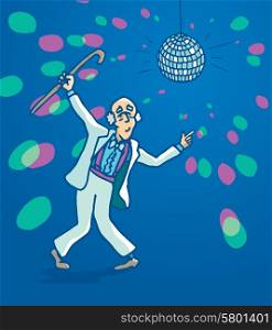 Cartoon illustration of a funny active senior man disco dancing