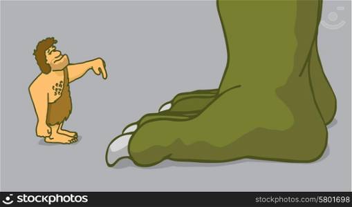 Cartoon illustration of a funny caveman training or domesticating a dinosaur