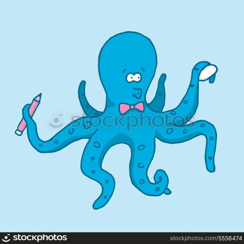 Cartoon illustration of a funny cute artist octopus ready to draw