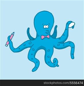 Cartoon illustration of a funny cute artist octopus ready to draw
