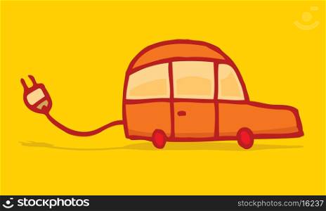Cartoon illustration of a funny electric car with a power plug