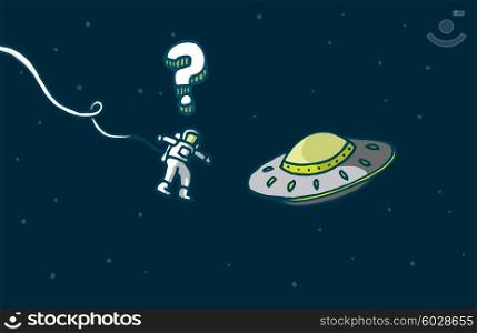 Cartoon illustration of a funny encounter between astronaut and alien spaceship