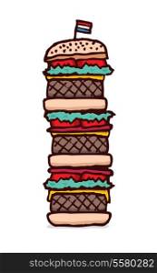 Cartoon illustration of a giant hamburger junk food