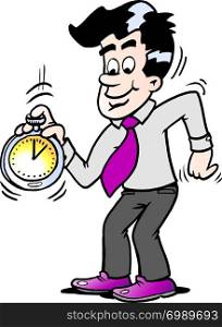 Cartoon illustration of a happy business man looking at a stopwatch