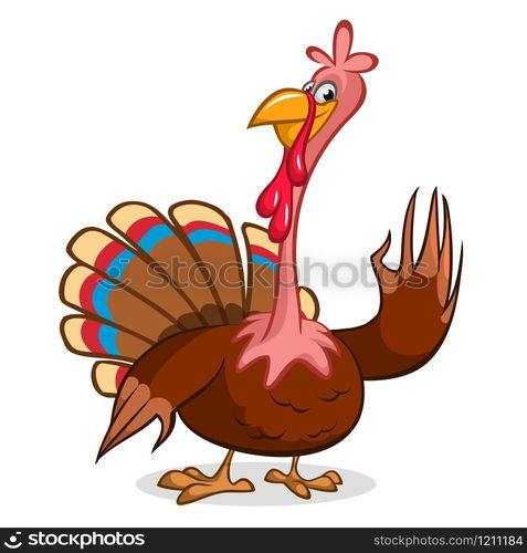 Cartoon illustration of a happy cute thanksgiving turkey character waving hello. Outlines. Vector illustration isolated