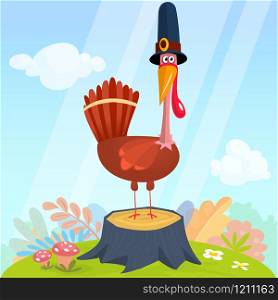 Cartoon illustration of a happy cute turkey wearing a pilgrim hat and standing on stump and colorful nature background. Vector illustration isolated.