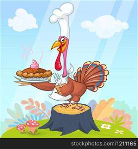 Cartoon illustration of a happy cute turkey wearing a pilgrim hat and standing on stump and colorful nature background. Vector illustration isolated.