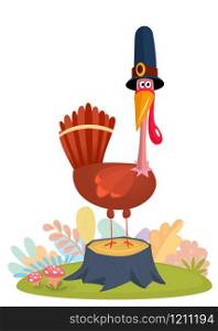 Cartoon illustration of a happy cute turkey wearing a pilgrim hat and standing on stump on grass and leaves. Vector illustration isolated.