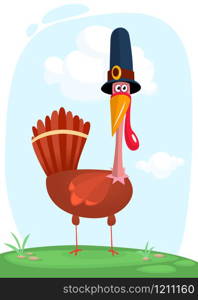 Cartoon illustration of a happy cute turkey wearing a pilgrim hat and standing on grass. Vector illustration isolated.
