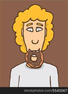 Cartoon illustration of a hungry men eating sweet chocolate donut