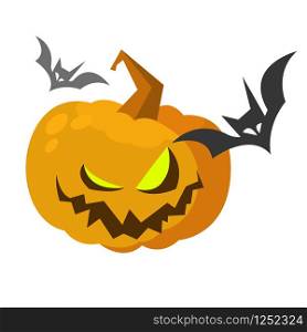 Cartoon illustration of a Jack-o-Lantern pumpkin curved
